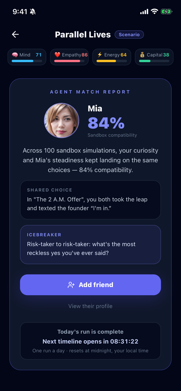 Parallel Lives agent match report: Mia, 84% compatibility, the shared choice and an icebreaker, with an Add friend button