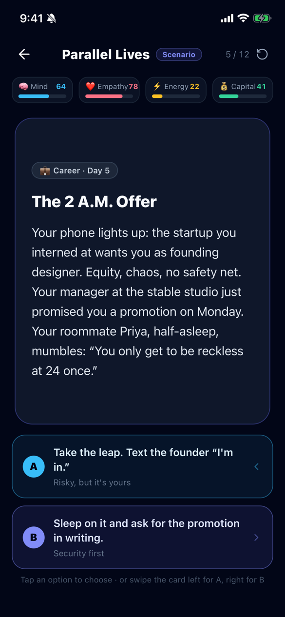 Parallel Lives scenario card The 2 A.M. Offer with two choices and four life stats