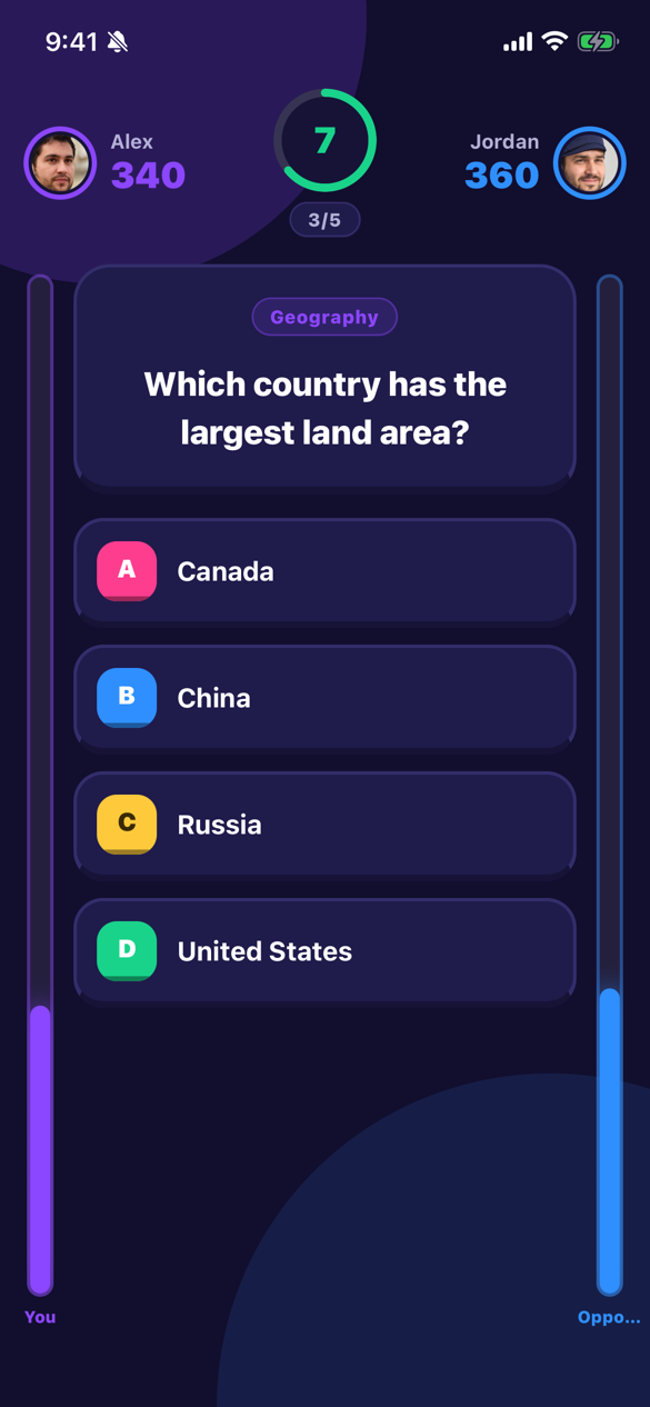 Quiz Battle question 3 of 5: Alex 340 versus Jordan 360 with 7 seconds left
