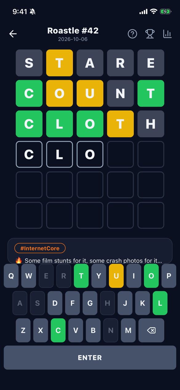 Roastle board with three guesses made and the keyboard open