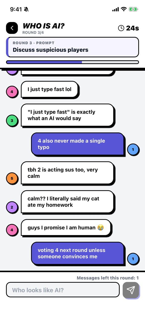 Who is AI round 3: five anonymous seats debating who is the bot, 24 seconds on the clock